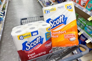 scott paper towels and toilet paper in a cart