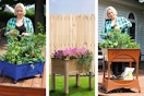 Three lifestyle images of raised garden beds from Home Depot being used outdoors