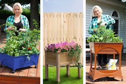 Three lifestyle images of raised garden beds from Home Depot being used outdoors