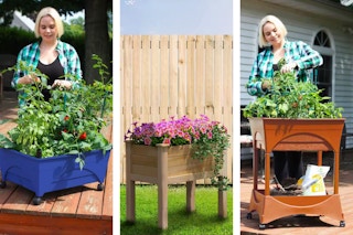 Three lifestyle images of raised garden beds from Home Depot being used outdoors