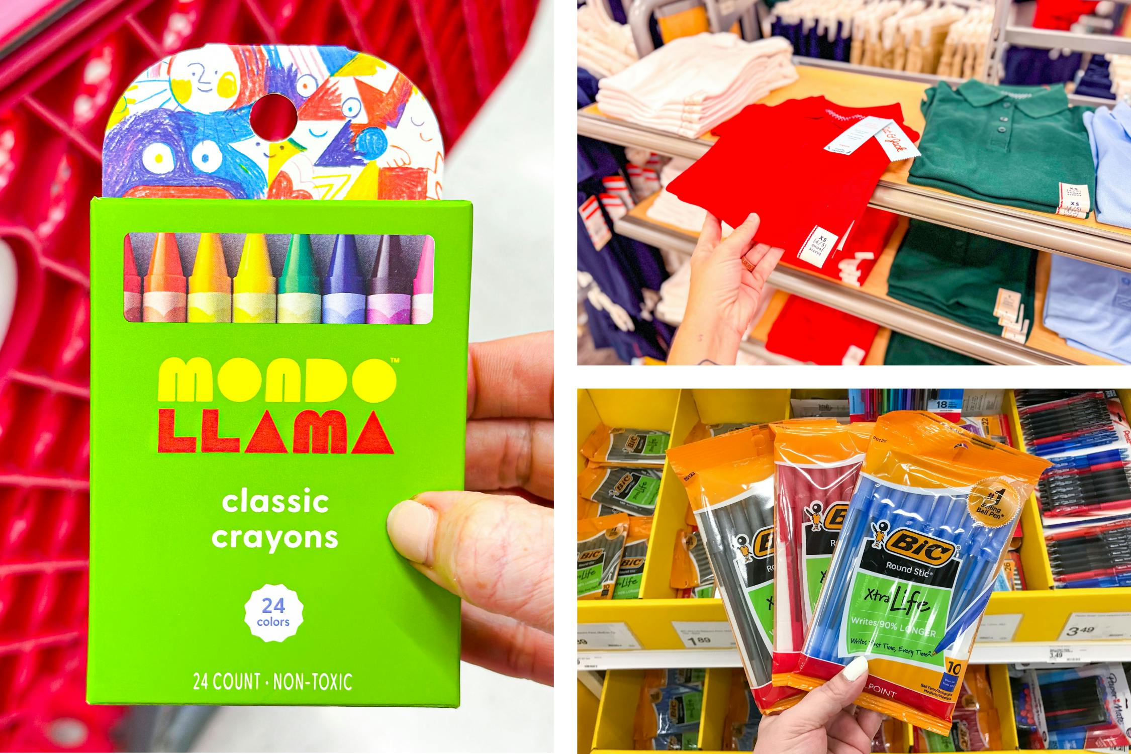 crayons, bic pens, and kids polo shirts side by side at target