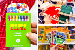 crayons, bic pens, and kids polo shirts side by side at target