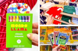 crayons, bic pens, and kids polo shirts side by side at target