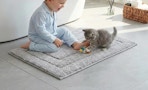 a kid and kitchen playing on a bathroom rug