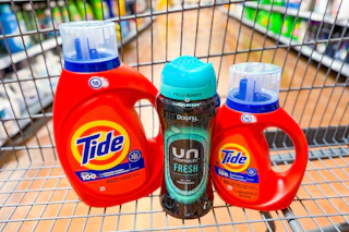 tide detergent and downy unstoppables in a cart