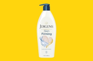 a bottle of lotion on a yellow background
