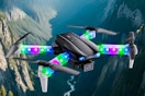 Lifestyle image of the BEEPRINCESS Drone flying over mountain scape 