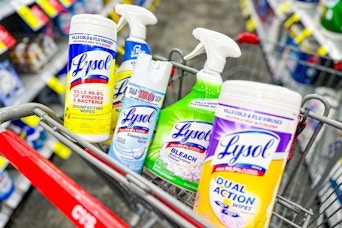 lysol cleaning supplies in a cart