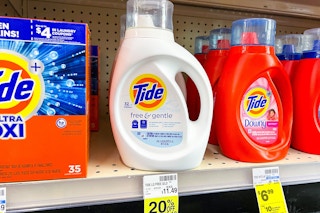 a bottle of tide with a cvs clearance tag