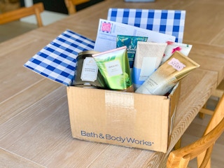 a Bath & Body Works online order in a box on a table