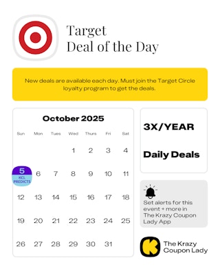 Calendar graphic showing the next Target Deal of the Day event is predicted to start on Sunday, October 5, 2025.