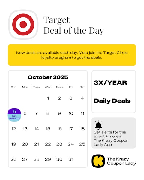Calendar graphic showing the next Target Deal of the Day event is predicted to start on Sunday, October 5, 2025.