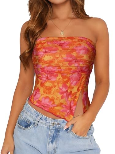 Strapless Floral Mesh Crop Top