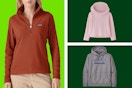 Patagonia pullovers and hoodies on a light and dark green collage background. 