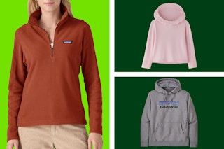 Patagonia pullovers and hoodies on a light and dark green collage background. 