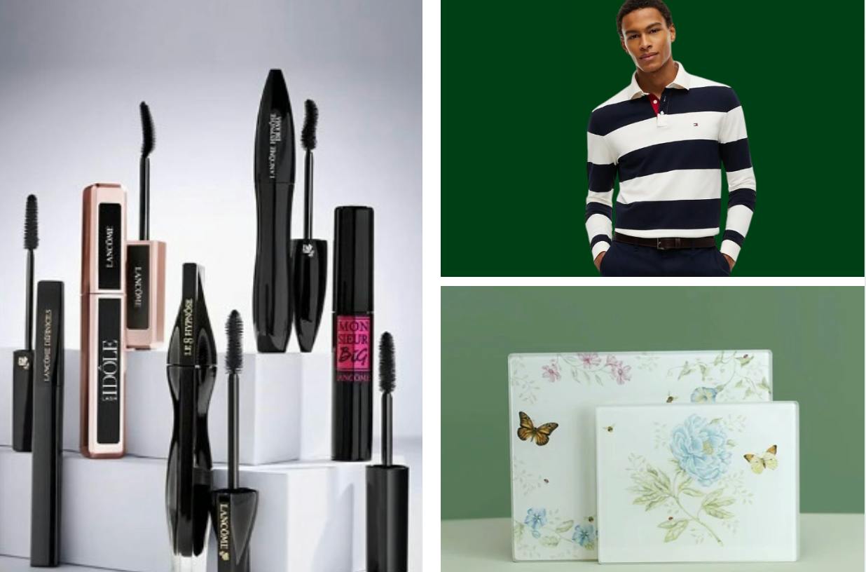 mascara on display, glass floral cutting boards, and a model wearing a polo shirt
