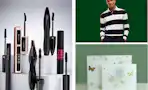 mascara on display, glass floral cutting boards, and a model wearing a polo shirt