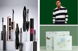 mascara on display, glass floral cutting boards, and a model wearing a polo shirt