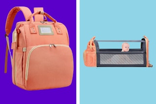 a pink and khaki baby backpack with changing station
