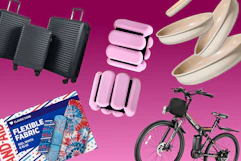 black luggage set, pink wrist weights, cookware, e-bike, and band-aid