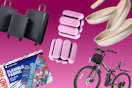 black luggage set, pink wrist weights, cookware, e-bike, and band-aid
