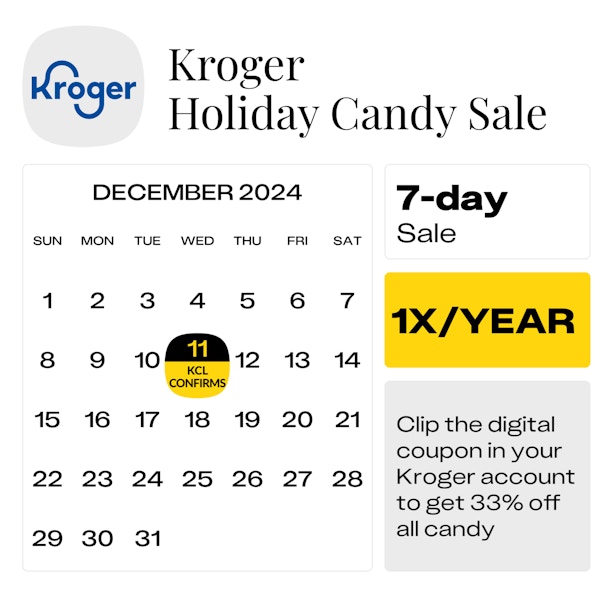 Black and white calendar graphic showing the start date of the Kroger Holiday Candy Sale as December 11, 2024.