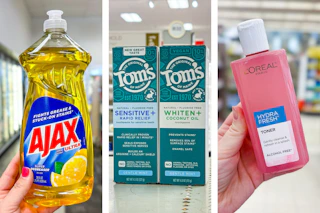collage image of ajax dish soap, toms toothpaste, and loreal toner