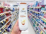 hand holding dove body wash in walgreens