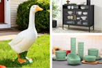 Porch goose, storage cabinet & dinnerware set