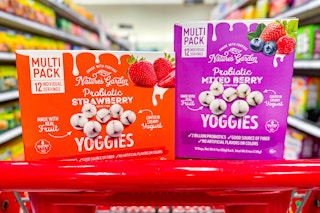 2 yoggies boxes sitting on a target cart