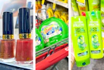 collage image of revlon nail polish, gain flings detergent, and garnier shampoo