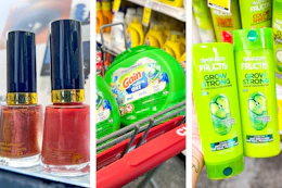 collage image of revlon nail polish, gain flings detergent, and garnier shampoo