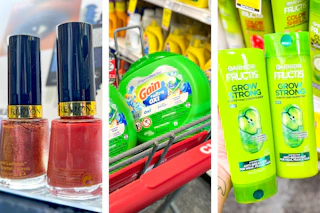 collage image of revlon nail polish, gain flings detergent, and garnier shampoo