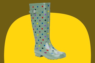 Stock image of polka dot Time & Tru Women's Rain Boots over yellow/olive max shape background
