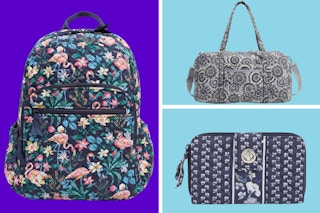 collage of vera bradley backpack, wallet and duffel bag