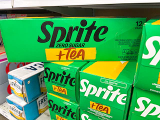 sprite + tea 12-pack stacked on shelf