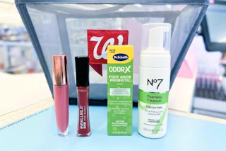 items in front of a walgreens shopping basket