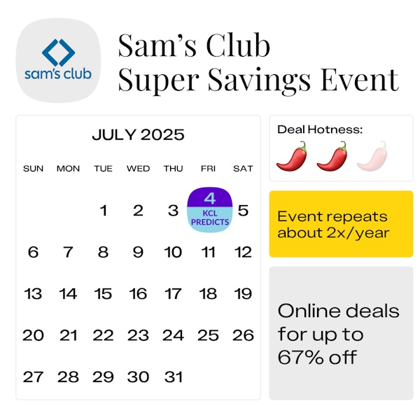 Calendar showing a predicted start date of July 4, 2025, for the next Sam's Club Super Savings Event.