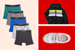 Hanes boys boxers, Izod toddler coat, and Madden NYC shoes