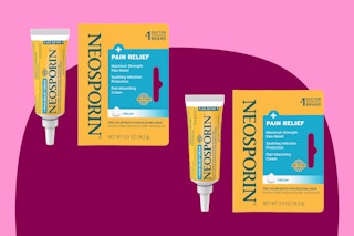 Two yellow and teal boxes and tubes of Neosporin + Pain Relief 0.5 ounces