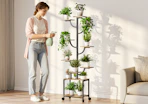 a person watering their plants on a plant stand