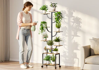 a person watering their plants on a plant stand