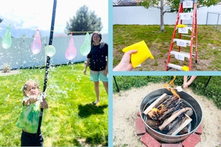 three photos of backyard party ideas, kids playing outside popping strung up water balloons, firepit, and a diy ladder toss game