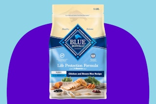 Blue Buffalo Life Protection Formula Puppy Dry Dog Food on a blue background.