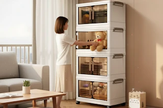 a woman with a storage cabinet