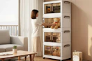 a woman with a storage cabinet