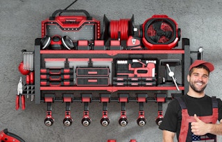 a red and black power tool organizer with tool 