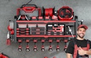 a red and black power tool organizer with tool