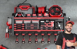 a red and black power tool organizer with tool