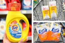 collage image of tide simply detergent, scott toilet paper, and walgreens trash bags